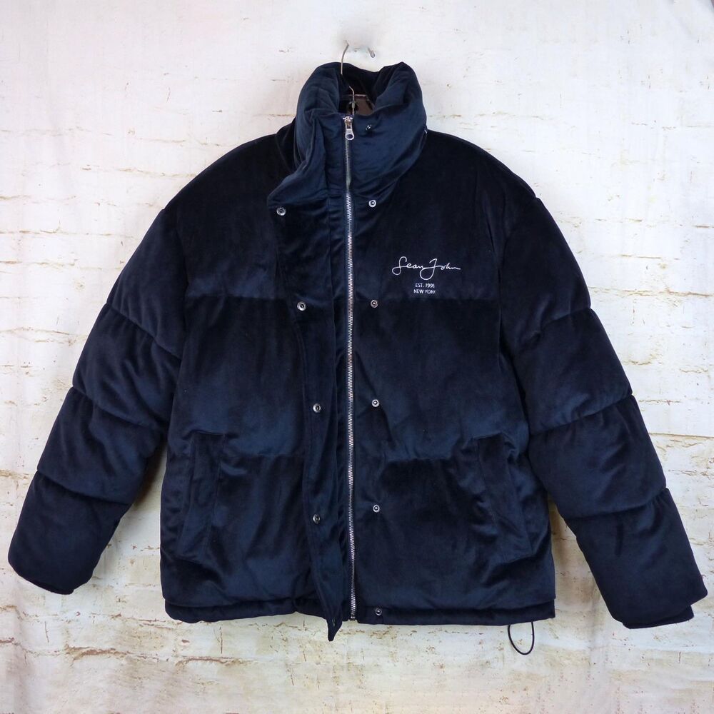 Sean John X Missguided Puffer Jacket Womens 2 US Navy Blue Velour Oversized Y2K - Picture 7 of 16